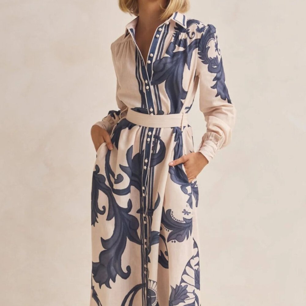 Printed Button Down Belted Shirt Dress
